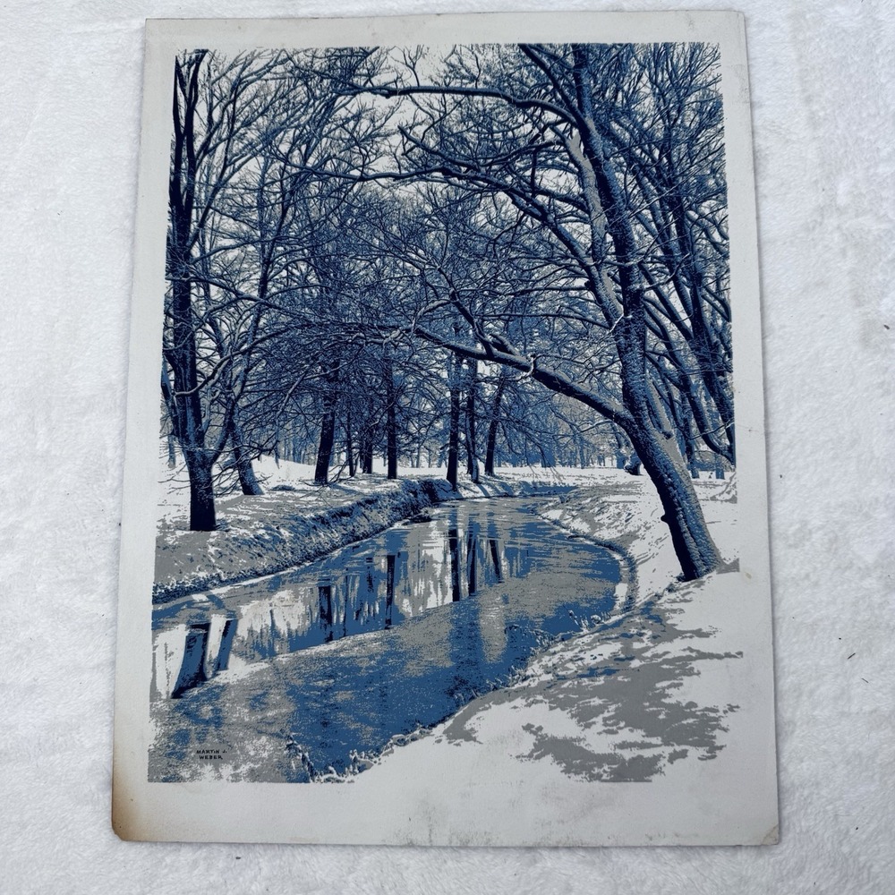 Vintage Martin J Weber Winter Creek Landscape Art Print Blue White Snow 11x14
